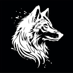White wolf head silhouette isolated on black background. Vector Hunting emblem, wild animal icon, decal, wall sticker or tattoo design. Tshirt print of wolf muzzle, husky, dog, or fox face profile