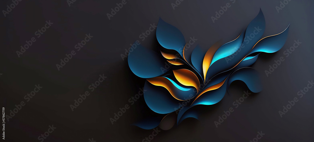Poster Beautiful widescreen minimalistic black background with 3D abstract composition of turquoise and gold leaves. AI generated.