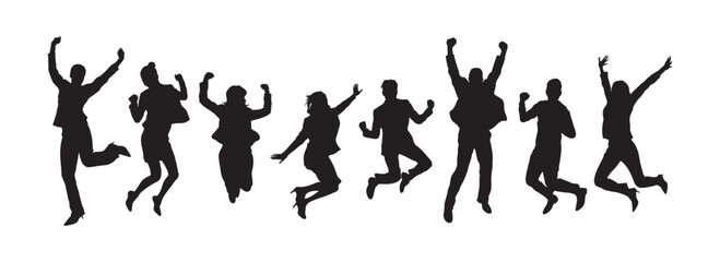 Business team jumping together silhouette vector.
