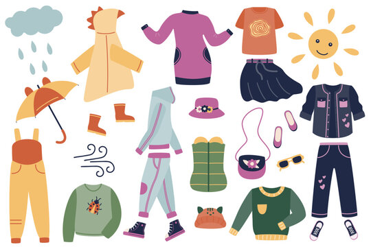 A set of clothes and shoes - dress, sneakers, shoes, handbag, panama hat, sweaters, jeans,  skirt, raincoat. Vector illustration of stylized things in cartoon style. Isolated a white background.