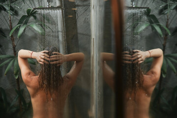 Young woman taking shower and washing her hair in shower cabine.	