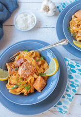 Salmon with pasta and tomato cream sauce on plates