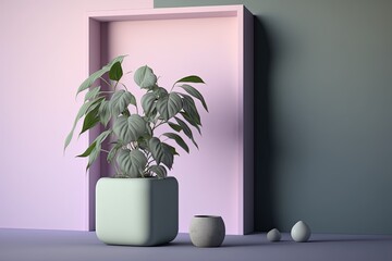 Place on a pedestal against a plaster wall painted in pastel colors. Plant and wall shadow provide a subtle backdrop. Exhibit and product display mockups; therapeutic, healing, restorative, and health