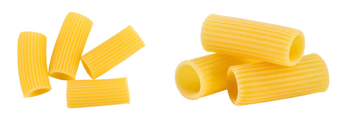 raw italian Rigatoni pasta isolated on white background with full depth of field. Top view. Flat lay