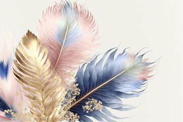 Soft floral design in pastel colors with golden elements for prints, postcards or wallpaper. AI 