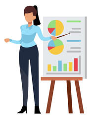 Woman showing presentation with color chart statistics. Business meeting concept