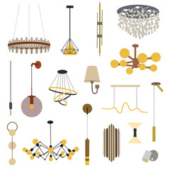 Big collection with chandeliers and lamps in flat  style isolated on white background. Chandeliers, illuminator, flashlight - elements of a modern interior concept. Vector