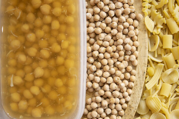 cooked chickpeas raw chickpeas and mixed raw pasta