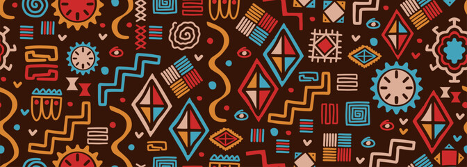 African seamless pattern ethnic background, hand drawn geometric tribal graphic. Vector illustration fashion textile print, Colorful bohemian aztec design. Ornaments abstract creative handmade.