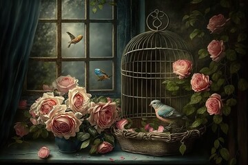 bunch of beautiful roses in wicker basket and vintage bird cages standing in window, AI generated