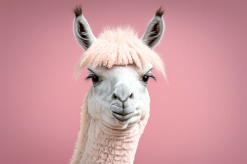 Obraz premium Llama alpaca on a pink background, funny. Generative AI