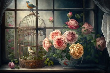 bunch of beautiful roses in wicker basket and vintage bird cages standing in window, AI generated