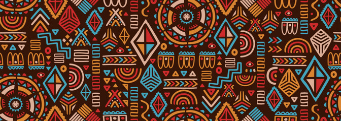 African tribal seamless pattern drawing, Doodle elements symbol, ethnic aztec geometric design. Maya border handycraft with colorful decoration. Vector illustration for ancient print and textile.