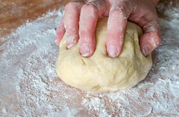 Woman's hand knead raw dough