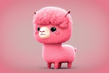 Cute pink alpaca cartoon. Generative AI