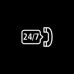 Telephone 24 hours support icon isolated on black and black background. 