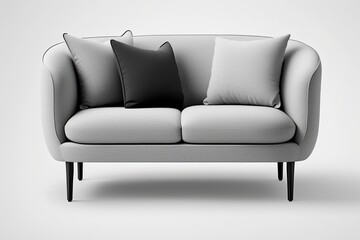 Model of a little gray sofa with black legs, illustrated and placed on a white background with a shadow underneath. A website component for a home furnishings retailer. A sleek and contemporary Scandi