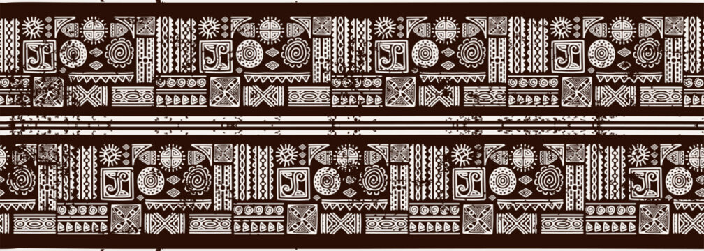 African tribal pattern, seamless ethnic repeated line design motifs, aztec drawing rustic symbol with brown background. Good for fashion textile print.