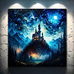 Van gogh painting style night style painting with moon and castle 