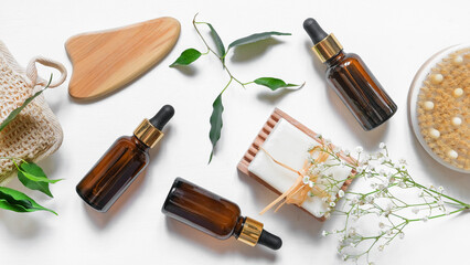 Fototapeta na wymiar Banner Natural medicine, organic cosmetics, cosmetic product research, organic skin care products. Top view, flat lay. Skin care concept. Dermatology.