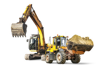 Fototapeta premium Excavator and bulldozer loader close-up on a white isolated background.Construction equipment for earthworks. element for design. Rent of modern construction equipment.