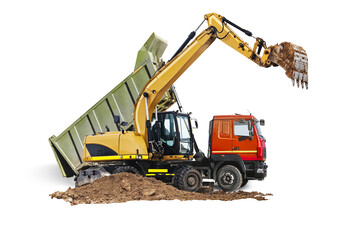 Large dump truck and excavator close-up on a white isolated background.Construction equipment for earthworks. element for design. Rent of modern construction equipment.