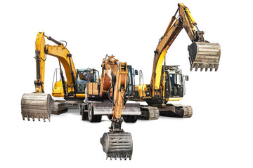 Three powerful excavators isolated on white background. Powerful excavator with an extended bucket close-up. Construction equipment for earthworks. element for design.