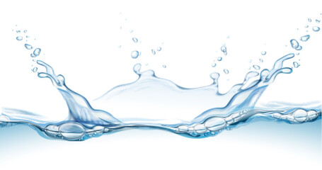 Transparent realistic vector water splash with drops on light background