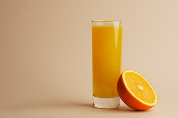 Glass of 100% Orange juice with sliced fruits