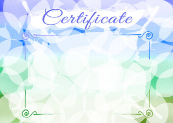 Certificate templatefor business design. Watercolor abstract frames, violet, green, blue and light brown gradient with leave texture. Certificate, diploma for printing