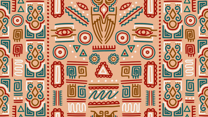 Hand drawn tribal pattern, Vector doodle african ethnic, Seamless drawing pictogram aztec. Good for textile fashion print and wrapping. Illustration design with colorful boho decoration.