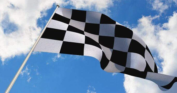Checkered race flag with fabric texture. On sky background. 3D render.