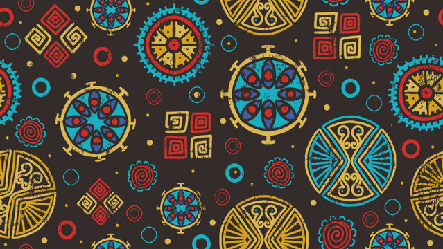 Decorative circle seamless pattern, Tribal vector drawing. Ethnic symbols colorful vintage handmade. Mandala geometric with doodle motifs, fashion textile print.