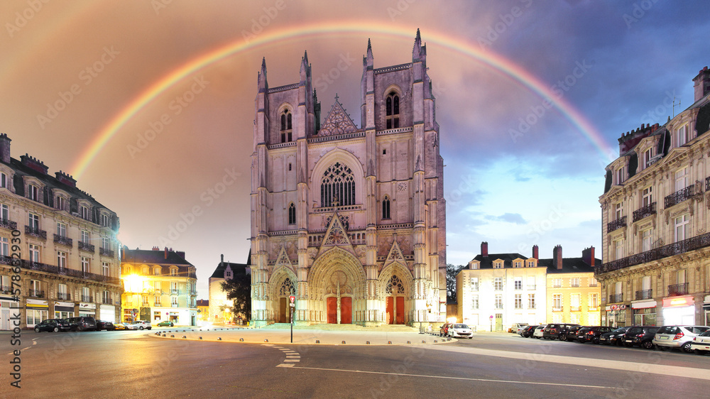 Poster nantes cathedral at night, france