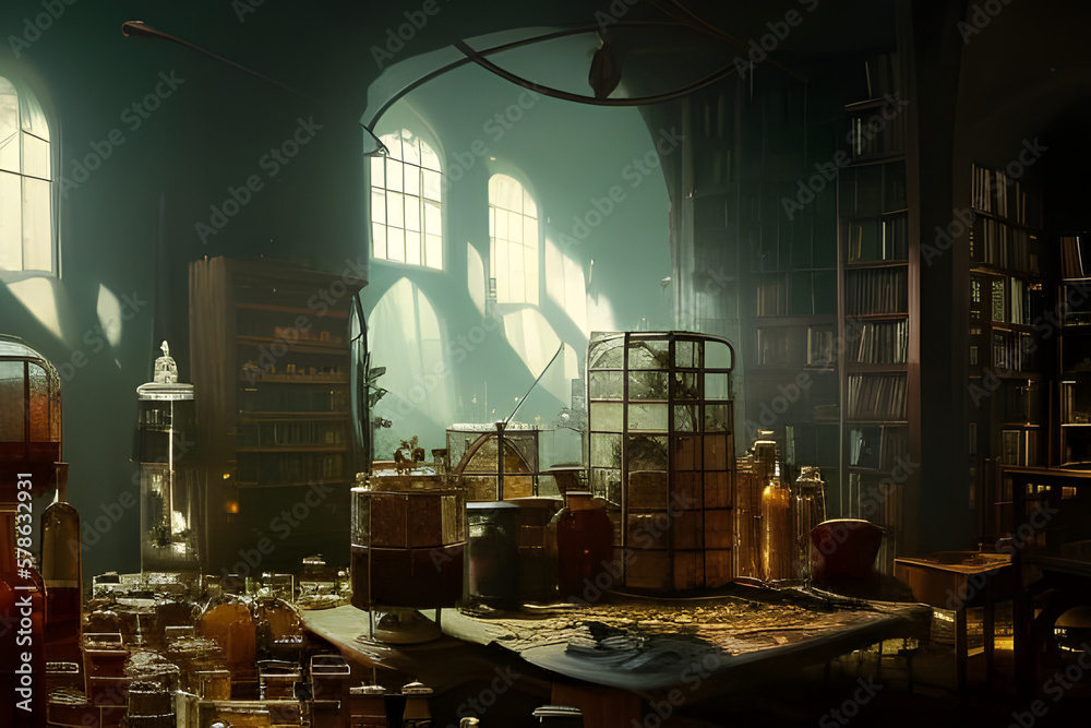 Poster alchemist lab. a strange and creepy cabinet of curiosities filled with lots of bottles and glass jar