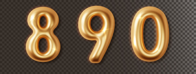 Golden chrome numbers set 3d realistic. Metal golden glossy font number 8, 9, 0. Decoration for banner, cover, birthday or anniversary party invitation design.