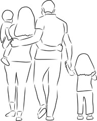 Family. Mother, father and two children, vector. Hand drawn sketch. Mother, father and two children are walking, view from the back.