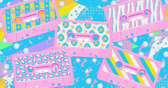 Trippy loop collage animation. Audio cassette retro party style