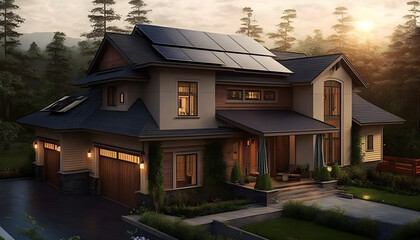 Solar panels mounted on the roof of a beautiful home. Generative AI