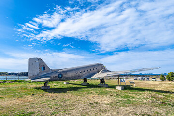 Douglas DC-3 aircraft on display and preserved on the shore of Lake Hamana in Hamamatsu City, Shizuoka Prefecture Japan.