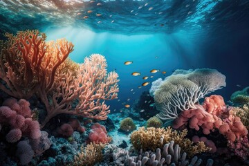 Fototapeta na wymiar Coral reef thriving in a protected sea. Generatie AI