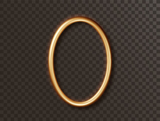 Gold oval frame. Gold metal banner with luxury round shape with an empty space inside and shadows isolated dark background