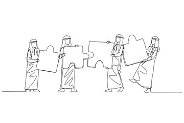 Drawing of arab businessman standing with puzzle in hand. Concept of cooperation. Single line art style