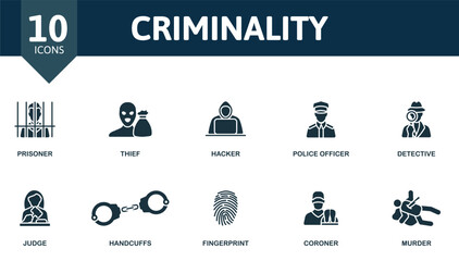 Criminality set. Creative icons: prisoner, thief, hacker, police officer, detective, judge, handcuffs, fingerprint, coroner, murder.
