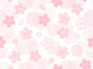 手書き風のピンクの桜とドットとストライプ柄の円のパターン背景
