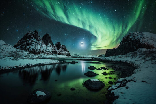 Northern Lights Radiating Over Lake Under Star-Filled Sky. Aurora Borealis Beauty.