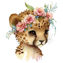 Watercolor baby cheetah leopard with wreath of flowers on head. Cute cartoon vector Kawaii cub jaguar character in floral crown isolated on white background. Adorable animal portrait for kids book