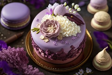 Obraz na płótnie Canvas Beautiful purple cake decorate of fresh flowers, macaroons and meringue. Love concept, Wedding cake, birthday cake, spring background, AI generated