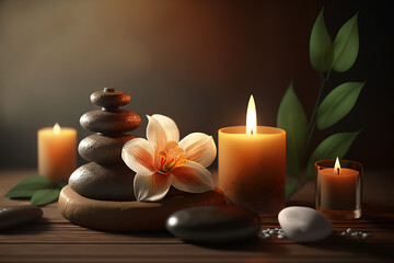Fototapeta na wymiar Spa concept, candles, towels, massage stones, soft light. Generated by AI technology 