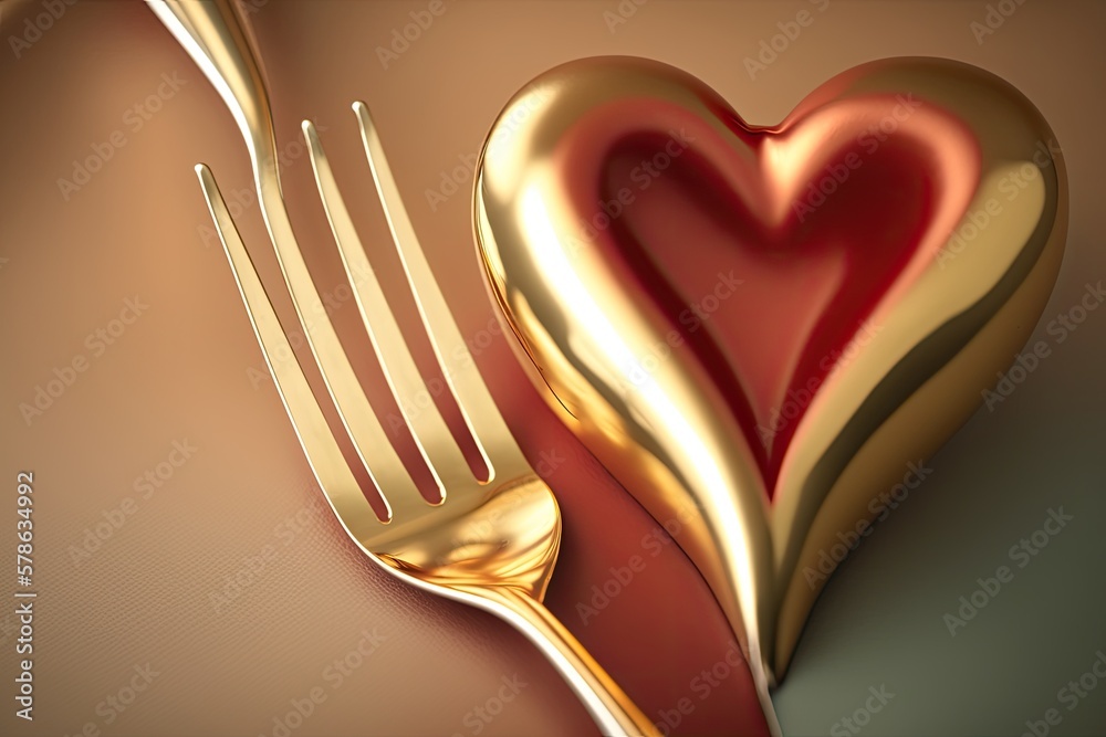 Poster Banner. Image of a heart on a fork, viewed up close. Set a festive table. The idea of a day off for eating establishments. The Day of Love for All You Singles. An identical version of the blank sectio